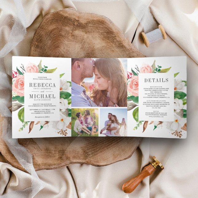 White Magnolia Cotton Blush Pink Floral Wedding Tri-Fold Invitation (Creator Uploaded)