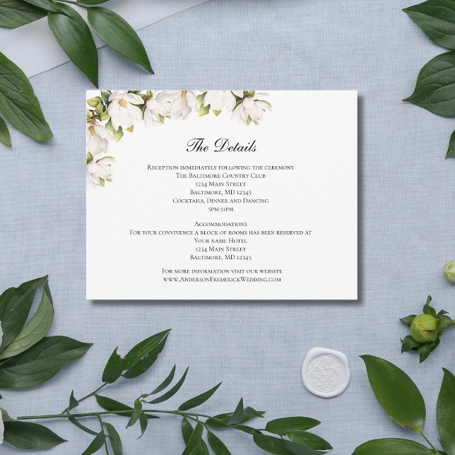 White Magnolia Détails du Mariage Carte du boîtier (White Magnolia Floral Wedding Details card)