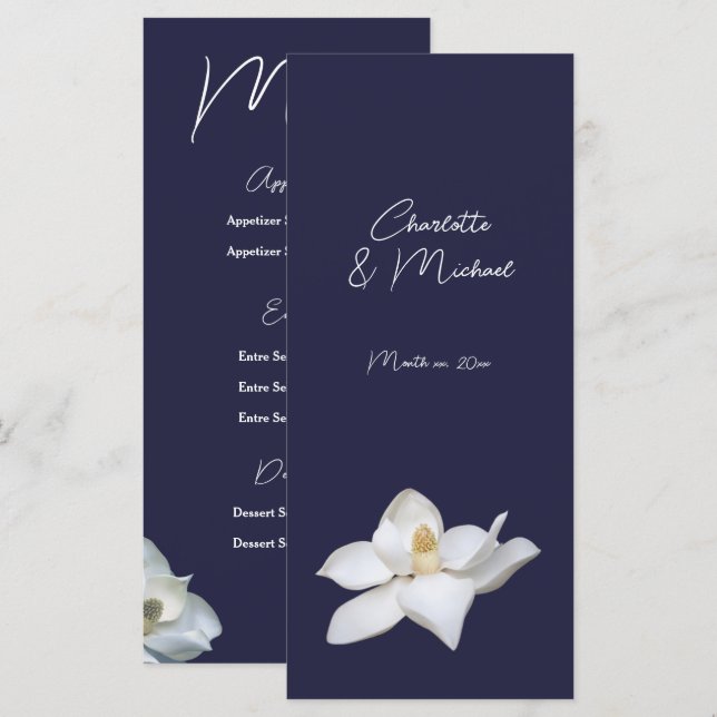 White Magnolia Elegant Flora Wedding on Navy Menu (Front/Back)
