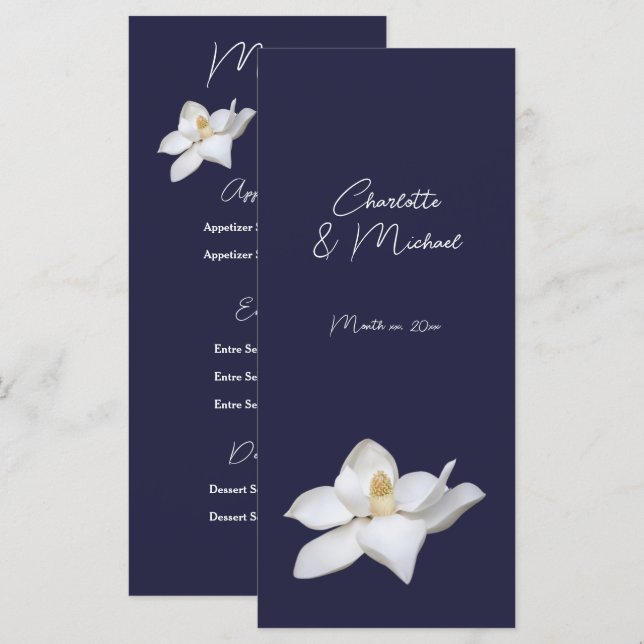 White Magnolia Elegant Flora Wedding on Navy Menu (Front/Back)