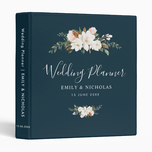 white magnolia floral blue wedding planner binder (Front/Spine)