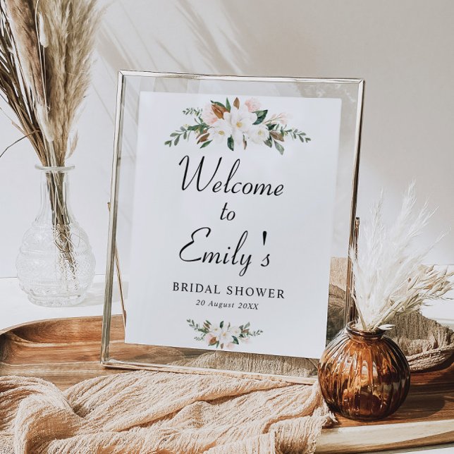 white magnolia floral bridal shower welcome sign (Creator Uploaded)