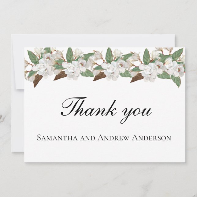 White Magnolia Floral Elegant Formal Wedding  Thank You Card (Front)