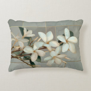 White Magnolia Floral Gold Line Marble Accent Pillow