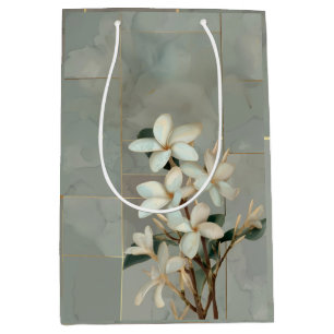 White Magnolia Floral Gold Line Marble Medium Gift Bag