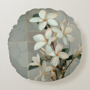 White Magnolia Floral Gold Line Marble Round Pillow