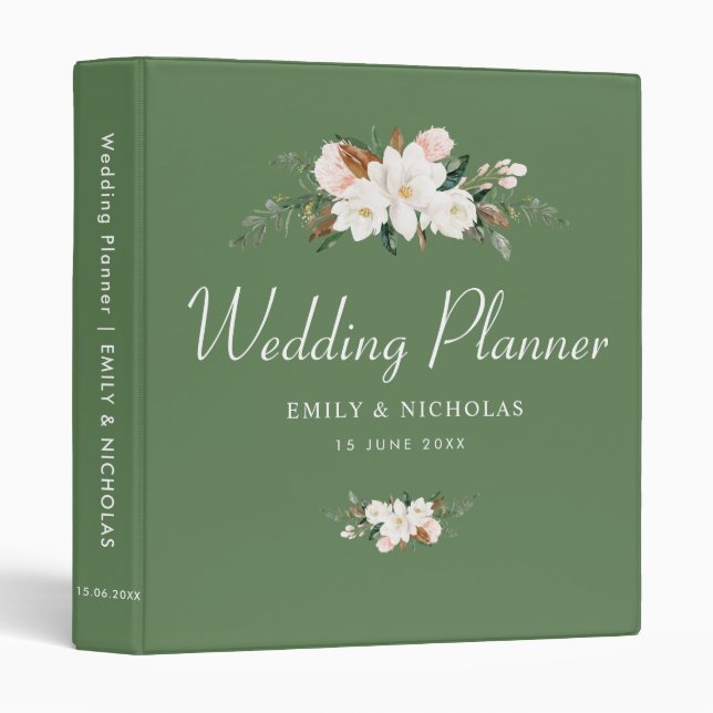 white magnolia floral green wedding planner binder (Front/Spine)