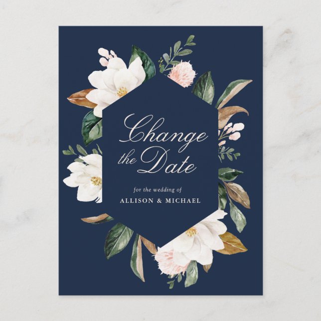white magnolia floral navy blue change the date postcard (Front)