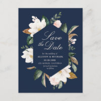 white magnolia floral navy blue save the date