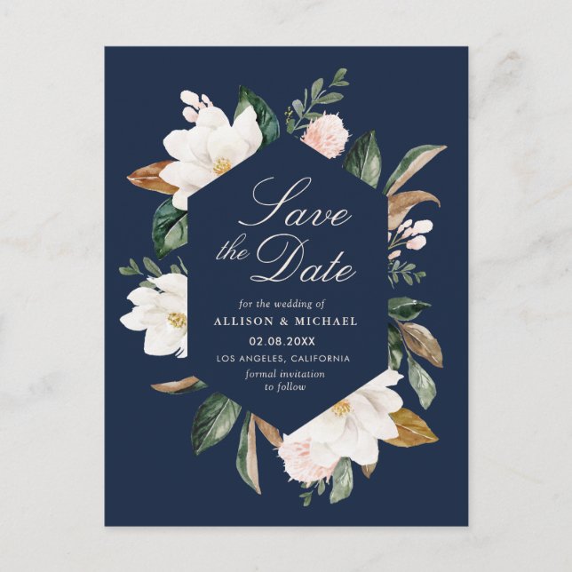 white magnolia floral navy blue save the date postcard (Front)