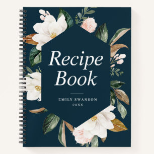 white magnolia floral navy Recipe Book
