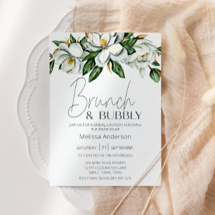White Magnolia Floral Rustic Bridal Brunch Invitation