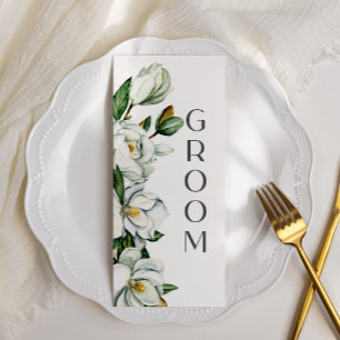 White Magnolia Floral Rustic Wedding Chair Sign Menu