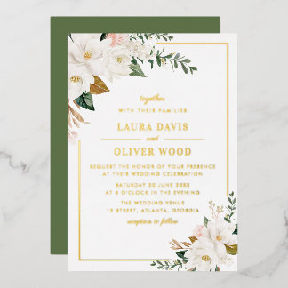 White magnolia floral wedding invitation gold