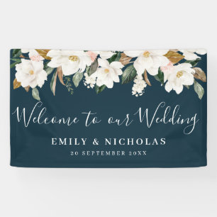 white magnolia floral wedding welcome banner