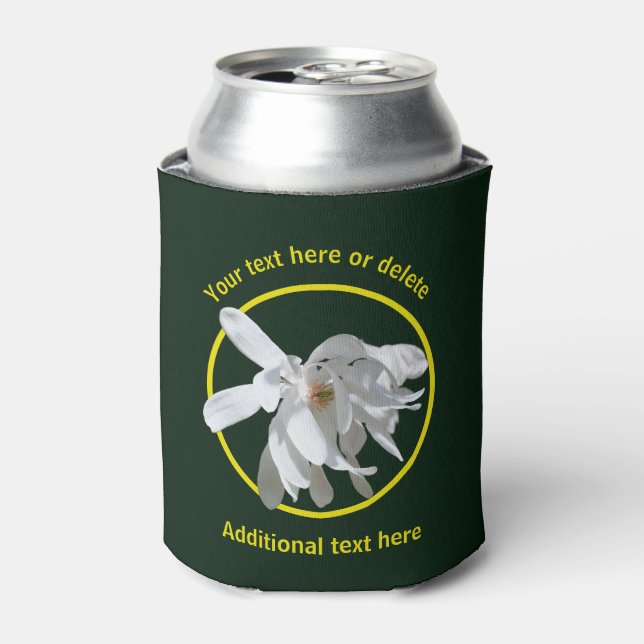 White Magnolia Flower Nature Personalized  Can Cooler (Can Front)