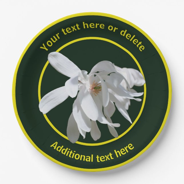 White Magnolia Flower Nature Personalized Party Paper Plate (Front)