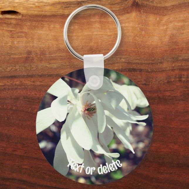 White Magnolia Flower Personalized Keychain (Front)