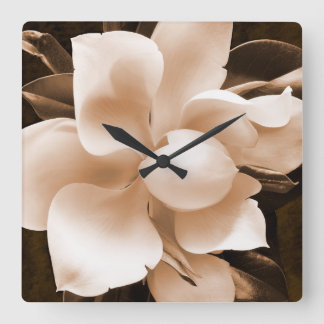 White Magnolia Flower Sepia Black Background Square Wall Clock