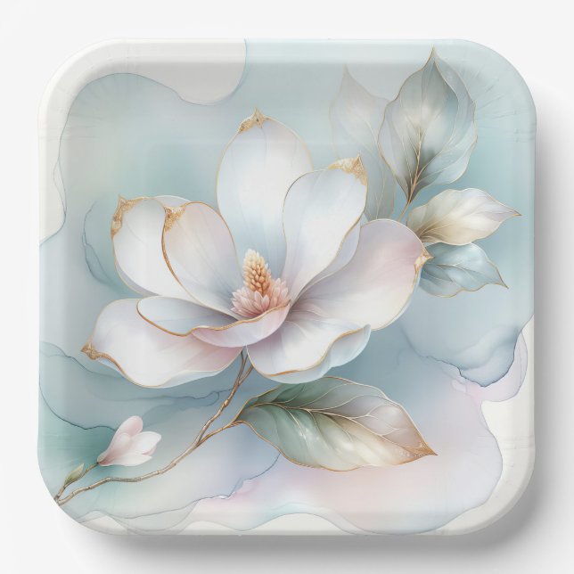 White Magnolia Flower With Gilded Edge Paper Plate (Front)