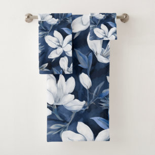 White Magnolia Flowers, Blue Background Bath Towel Set