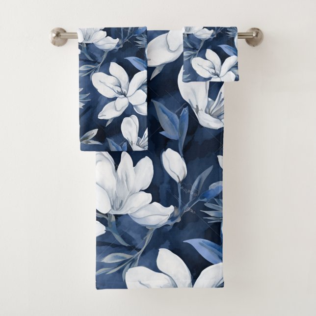 White Magnolia Flowers, Blue Background Bath Towel Set (Insitu)