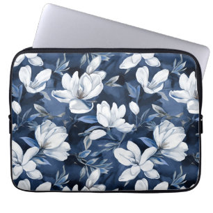 White Magnolia Flowers, Blue Background Laptop Sleeve