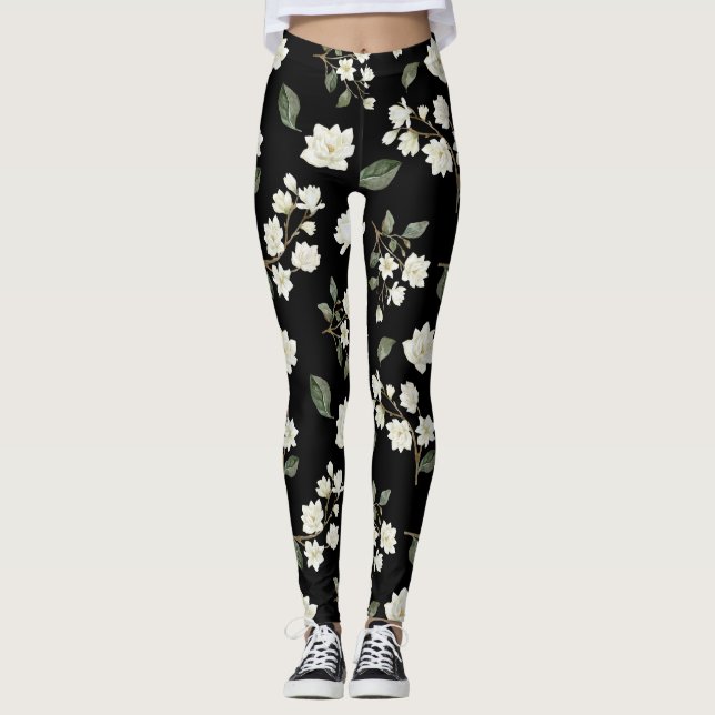 White Magnolia Flowers on Black Leggings (Front)