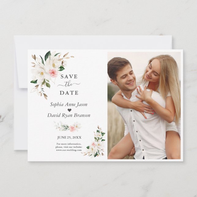 White Magnolia Flowers Photo Wedding Save The Date (Front)