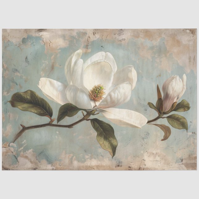 White Magnolia Flowers Vintage Decoupage Tissue Paper (Front)