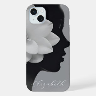 White Magnolia Girl Silhouette Monochromatic iPhone 15 Plus Case