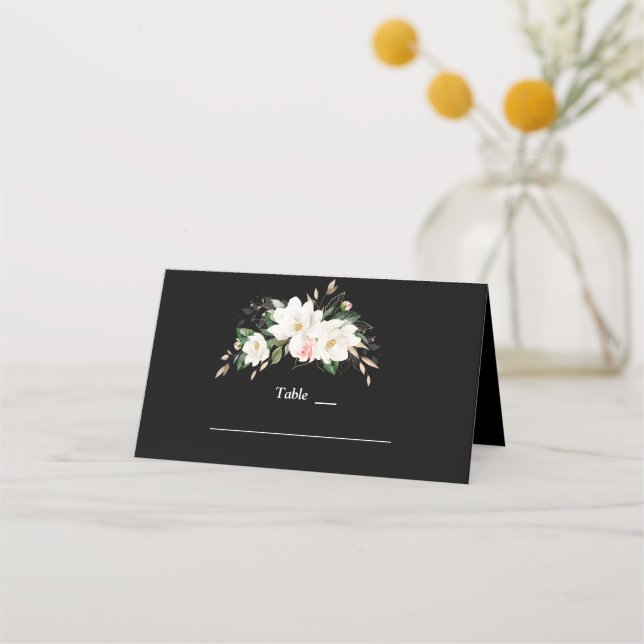 White Magnolia Gold Black Wedding Table Number   Place Card (Front)