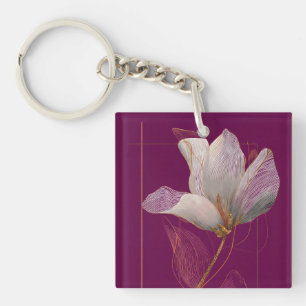 White Magnolia Gold Line Magenta Keychain