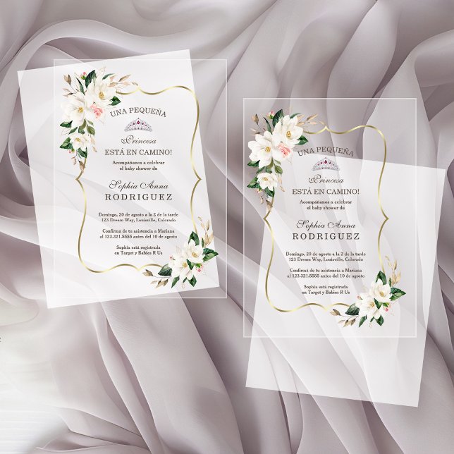 White Magnolia Gold Spanish Baby Shower Acrylic Invitations (Creator Uploaded)
