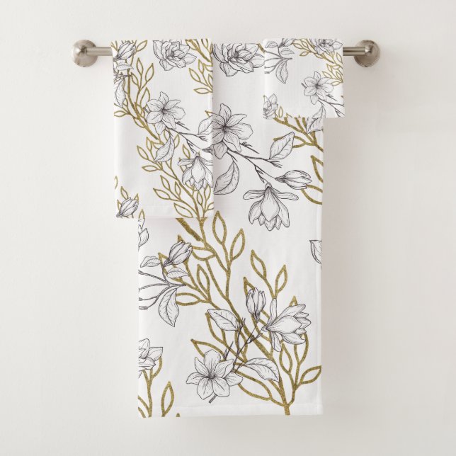 White Magnolia Gold Vines White Bath Towel Set (Insitu)