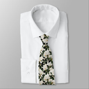 White Magnolia & Green Leaves Seamless Floral Tie