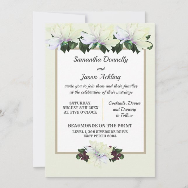 White Magnolia Greenery Floral Wedding Invitation (Front)