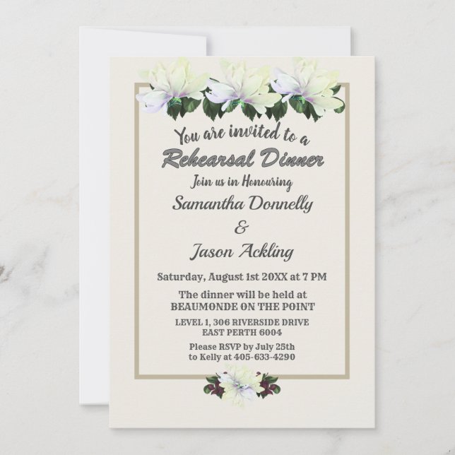 White Magnolia Greenery Wedding Rehearsal Dinner Invitation (Front)