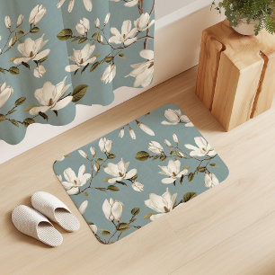 White Magnolia Grove on Duck Blue Elegant Floral Bath Mat