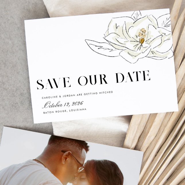 White Magnolia Illustration Modern Minimal Photo Save The Date (Elegant Southern-inspired white magnolia illustration wedding Save the Date card.)