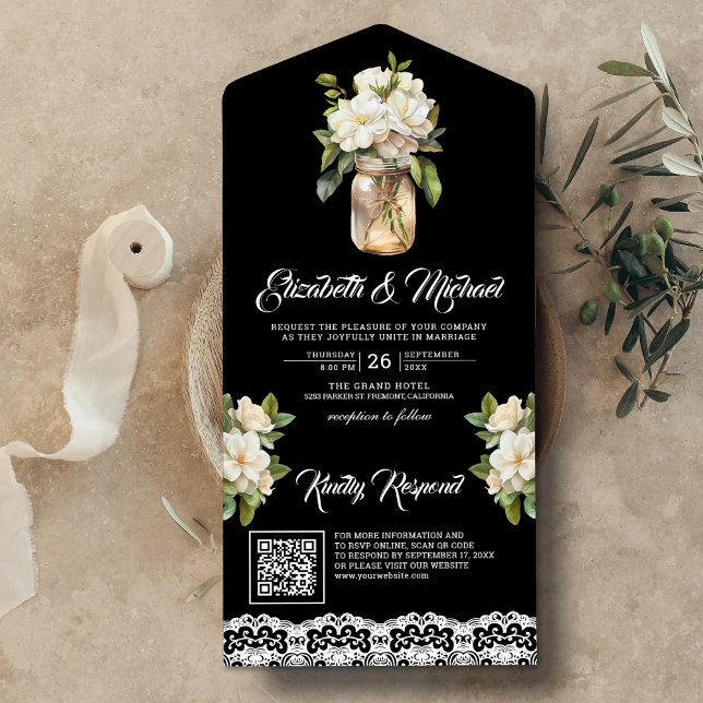 White Magnolia Mason Jar Black QR Code Wedding All In One Invitation (Creator Uploaded)