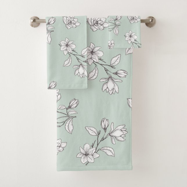 White Magnolia Mint Green Bath Towel Set (Insitu)