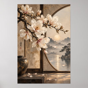 White Magnolia Moon Gate Mountain Lake Wall Art