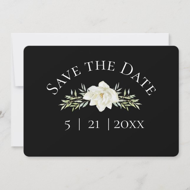 White Magnolia on Black Save the Date w Photo (Front)