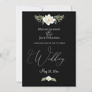 White Magnolia on Black Traditional Floral Wedding Announcement
