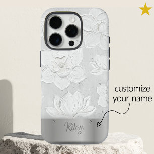 White Magnolia Painting Silver Metal Custom Name iPhone 16 Pro Case