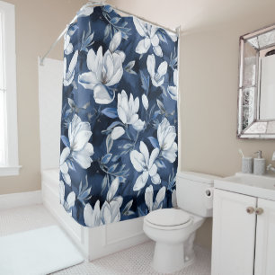 White Magnolia Pattern on midnight background,