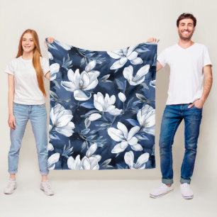 White Magnolia Pattern on midnight background, Fleece Blanket