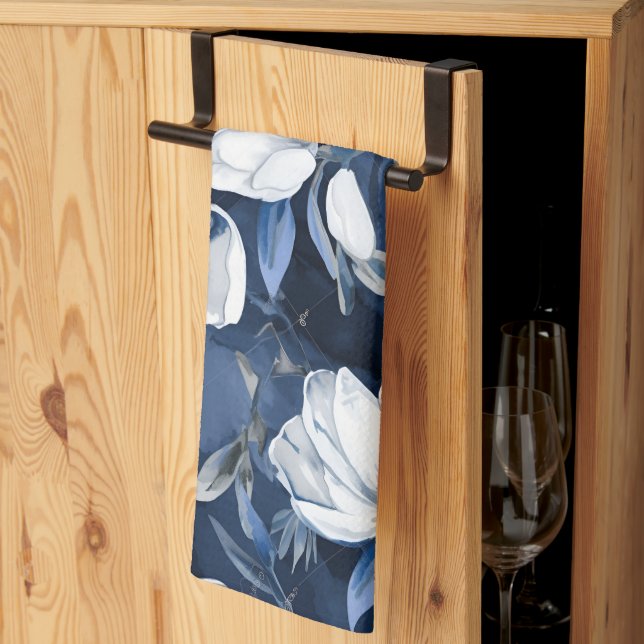 White Magnolia Pattern on midnight background, Kitchen Towel (Thirds Fold)