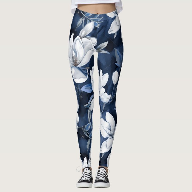 White Magnolia Pattern on midnight background, Leggings (Front)